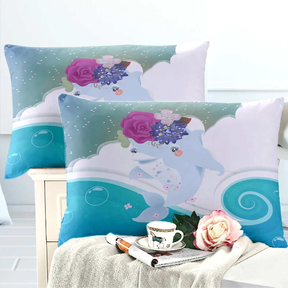 

Cute Dolphin Bedding Set Kids Cartoon Flowers Duvet Cover Set Ocean Wave Print Bed Cover King Queen Pillowcase Festival Gift D49