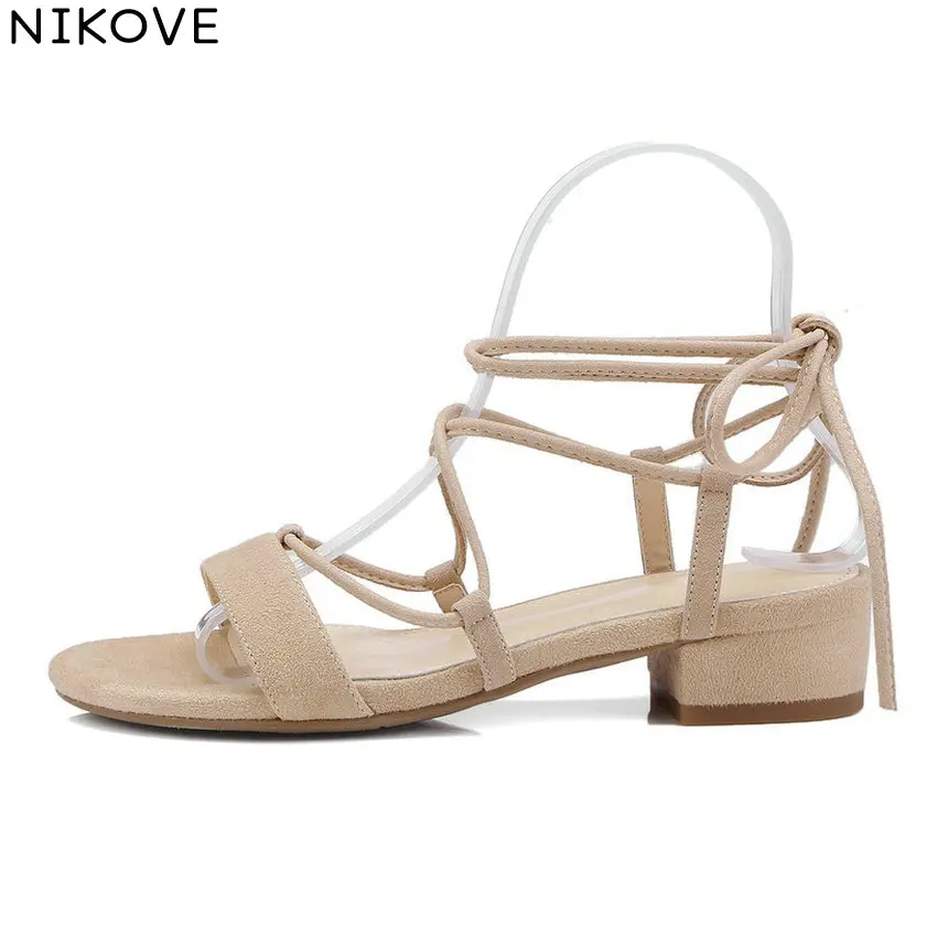 

Женские замшевые сандалии NIKOVE, летние туфли на шнурках с закругленным носком на высоком каблуке, размер 34-40, 2018