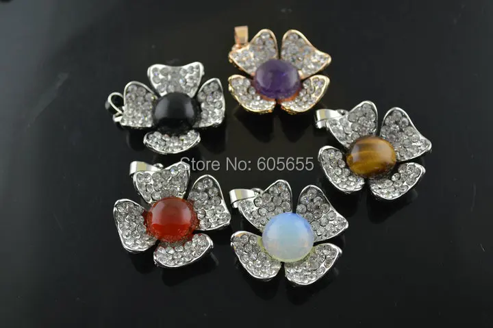 Mix полудрагоценные Камень Круглый кабошоны Цветок Форма Подвески fit Ожерелье