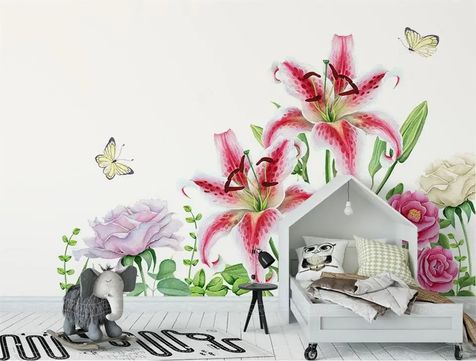 3d wallpaper photo custom kids room mural watercolor lily and rose painting sofa TV background for wall | Обустройство дома