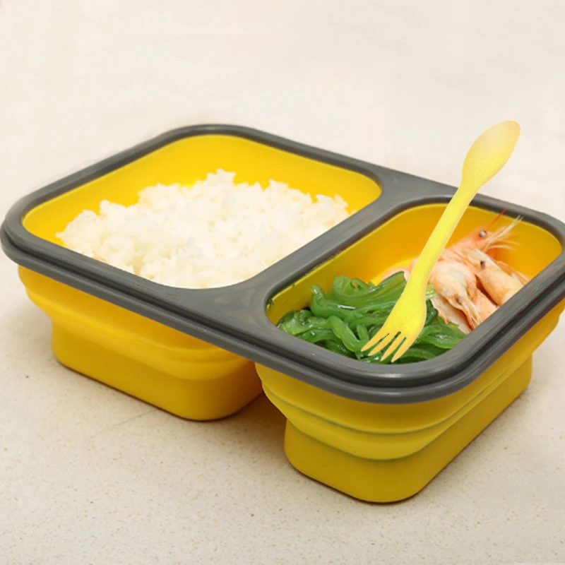 2 ячейки Силиконовый складной переносной ящик Bento 900 мл микроволновая миска для