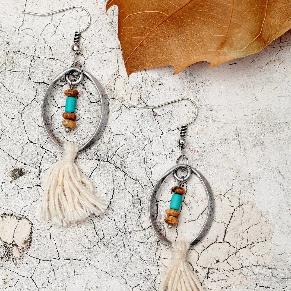 Этнические бежевые хлопковые висячие серьги с кисточками для женщин богемные