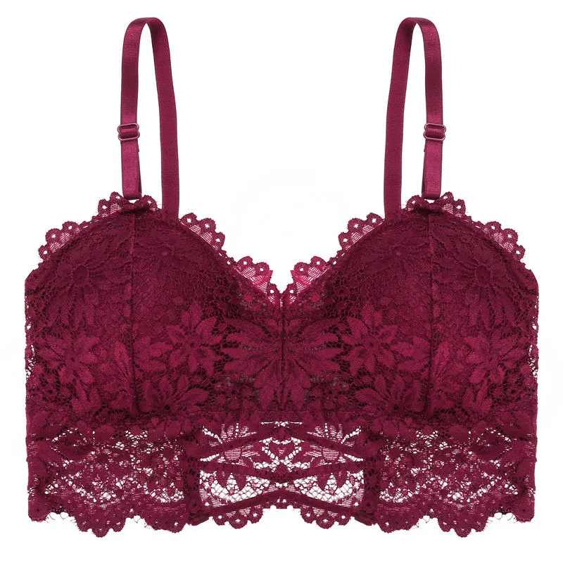 Wine Red Кружевной бюстгальтер без косточек с цветочным принтом, модное сексуальное женское белье с открытой спиной, бюстгальтер без косточек, очаровательное нижнее белье с подкладкой для девушек, женские кружевные бюстгальтеры - Цвет: Wine Red