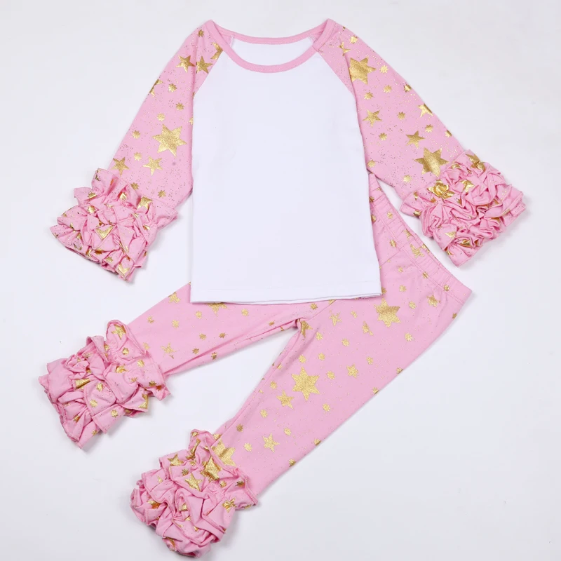 Snow and Star printed Baby Girls Cotton Monogrammed Ruffle Long Sleeved Shirts with ruffle Raglan pants outfit set | Детская одежда и