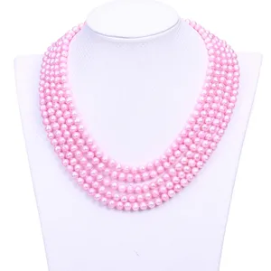New Fashion Pink Pearl 5 Layers Round Shape Strands Real Statement Women Necklace For Dear Friend Gift