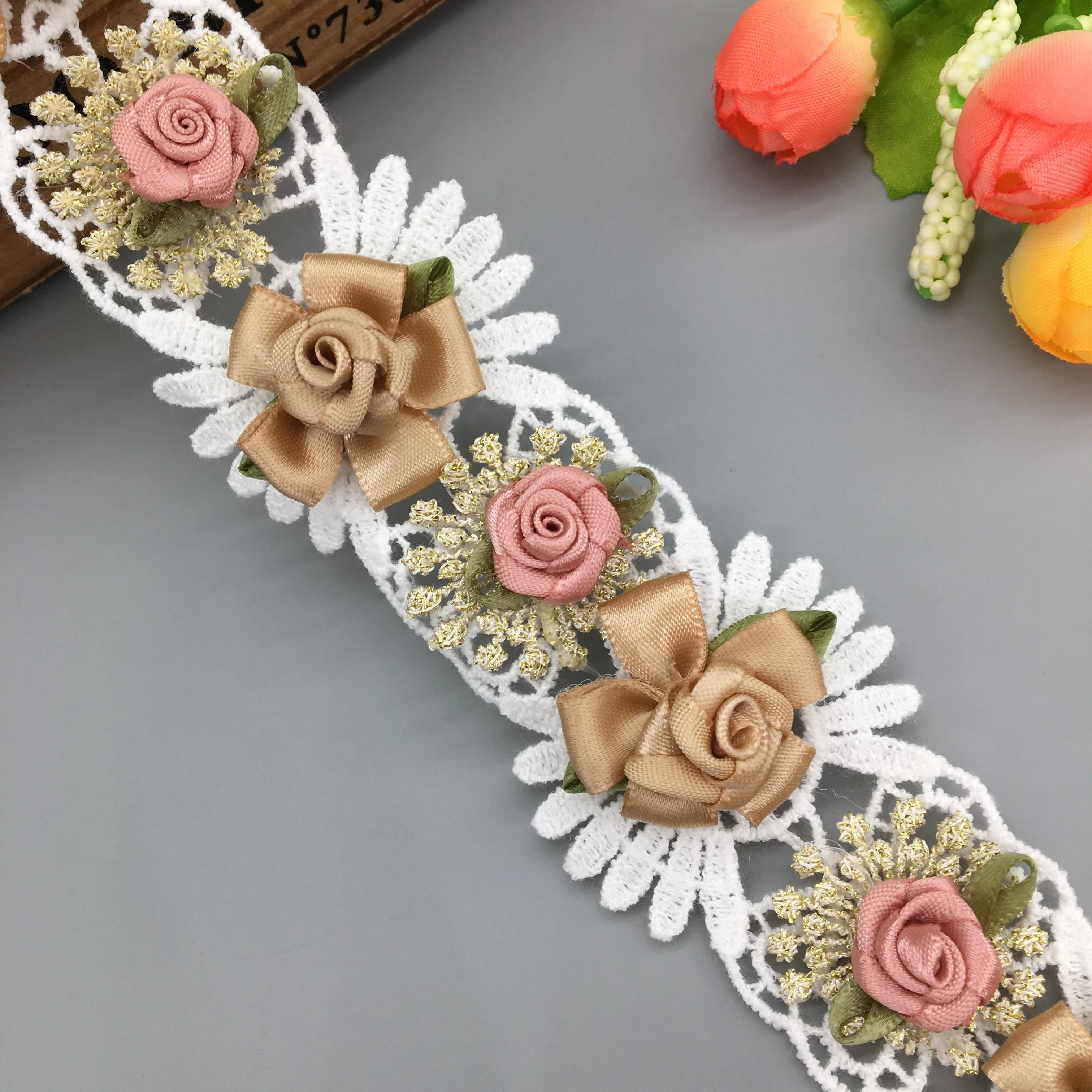 

1 yard Eyelash Rose Flower Gold Handmade Embroidered Lace Trim Ribbon African Laces Fabric Vintage Wedding Applique Sewing Craft