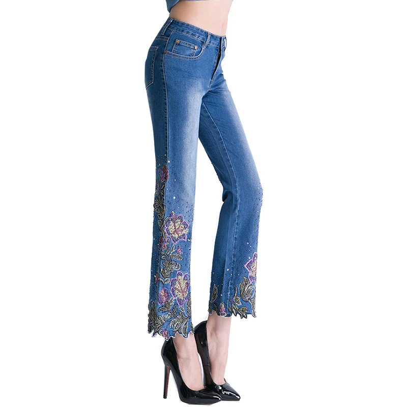 Джинсы женские elastant perles вышивка высокая талия джинсы клеш расклешенные gloria Jeans роскошные женские Брюки Большие размеры вышитые джинсы женщин брюки женские летние джинсы с высокой талией - Цвет: Синий