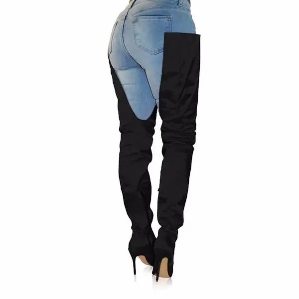 Женские ботфорты выше колена на шпильке синие Стрейчевые Зимние Сапоги женская