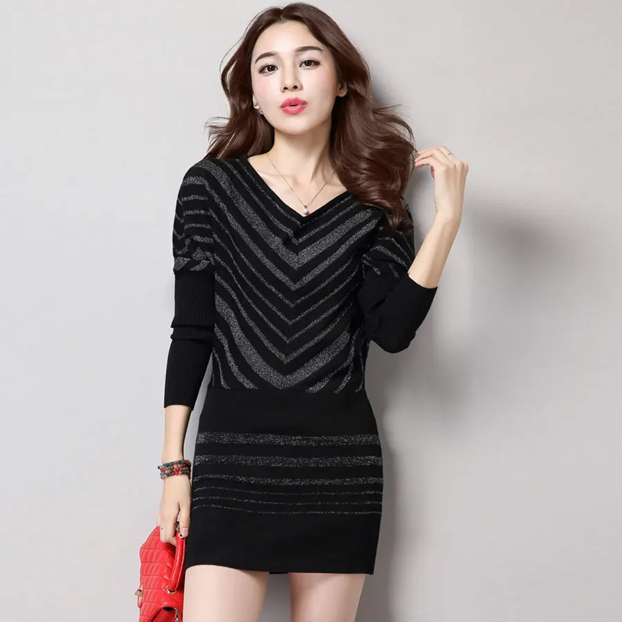 Women Christmas Sweaters and Pullovers Deep V Neck Long Sleeve Knitted Sweater Dress Casual Stripe Winter Jumper Pull Femme | Женская