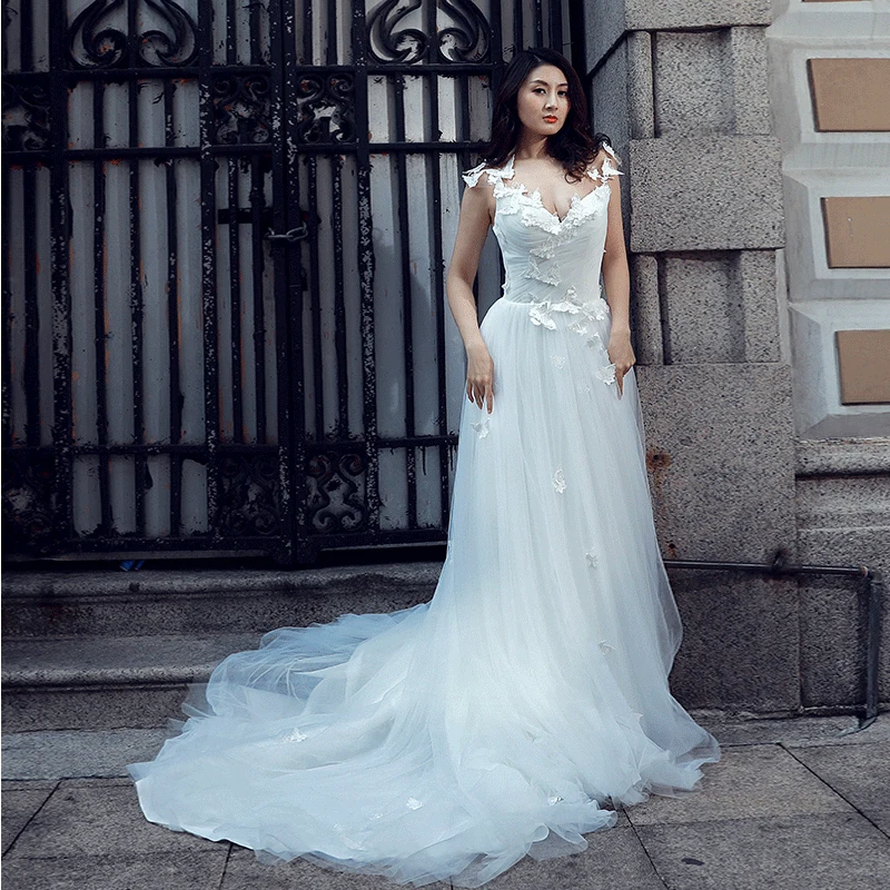 J66527 jancember elegant wedding dress v-neck appliques lace up back like white bridal dresses floor length vestidos boda novia | Свадьбы и