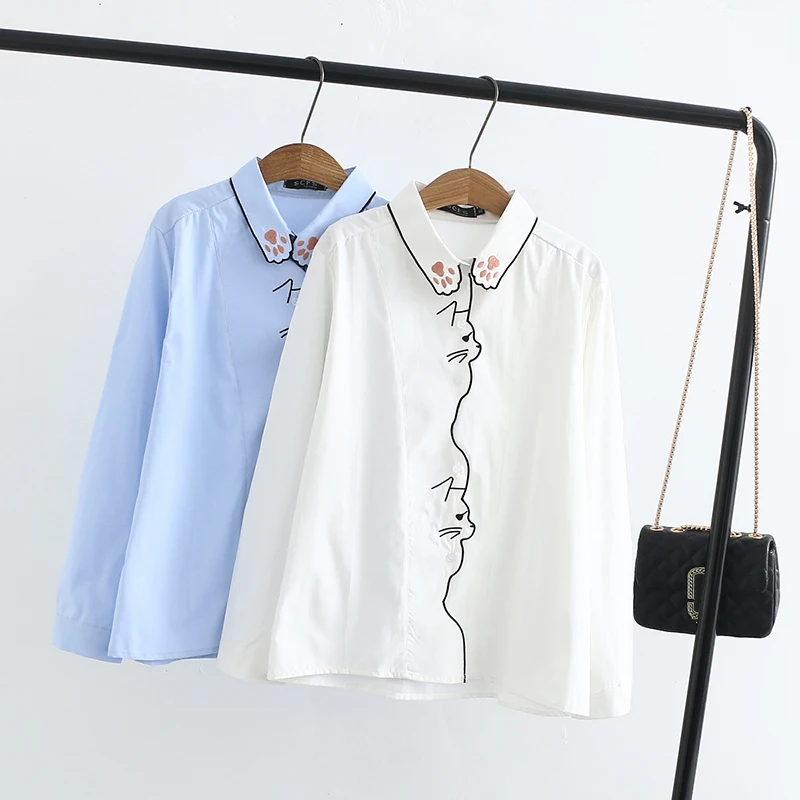 Милый Кот вышивка воротник Blusa Feminino Осенняя винтажная белая блузка рубашка с