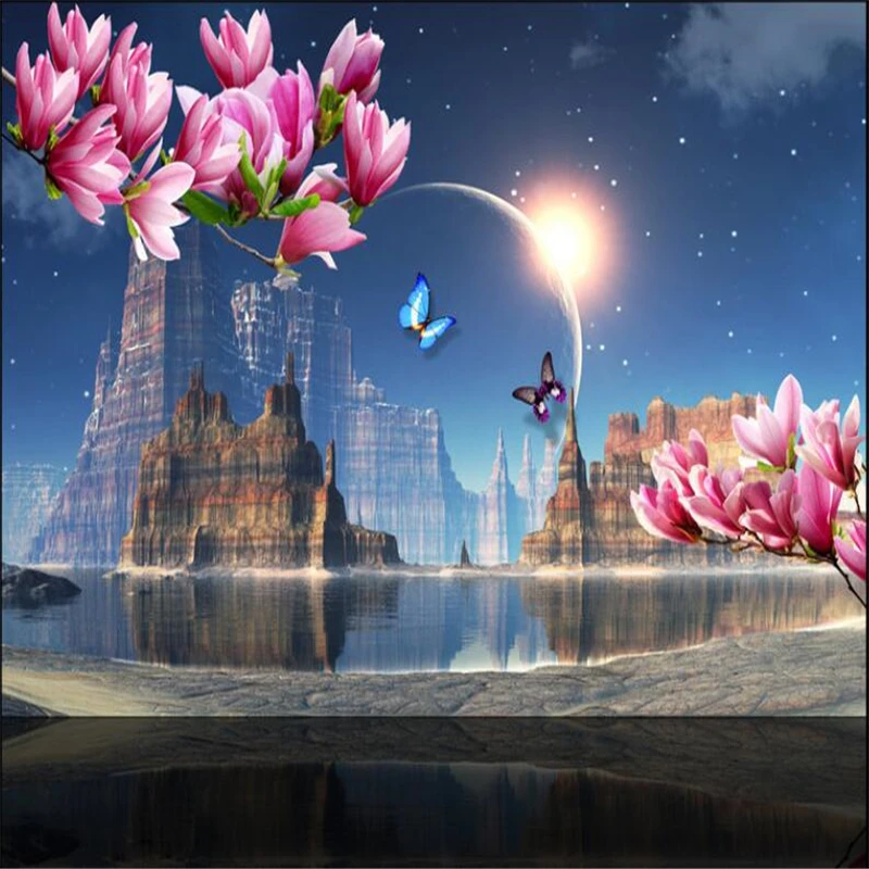 Пользовательские обои beibehang Мечта Замок планета бабочка Магнолия отражение