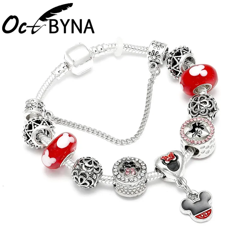 OCTBYNA Горячая мультфильм Микки Минни розовый шарм браслеты для женщин малыш муранские бусины прекрасный бренд браслеты и браслеты ювелирные изделия