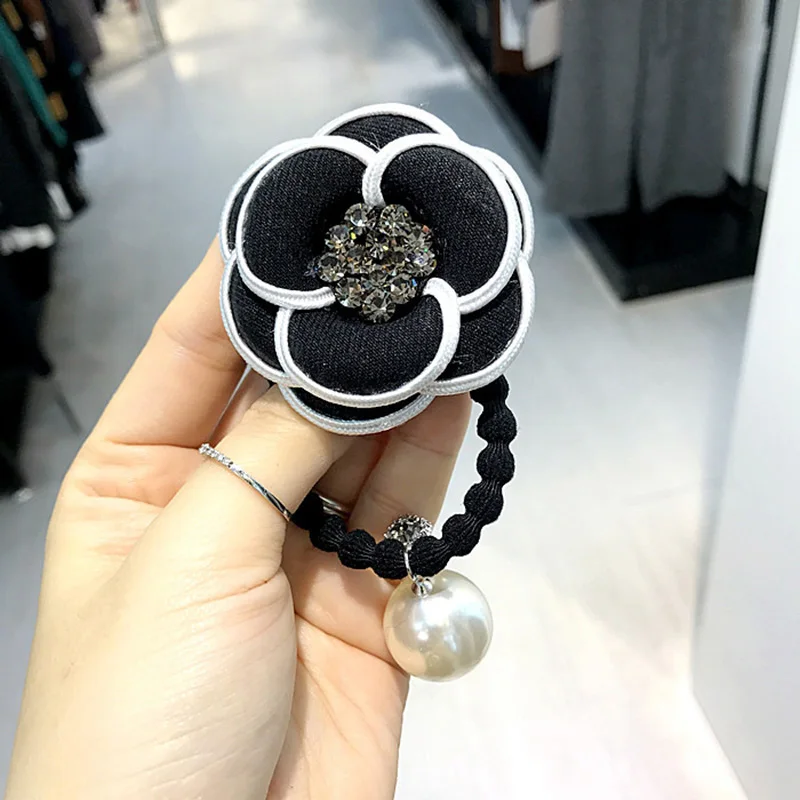 Chic camellia hair ties crystal flower ring/rope pearl pendant elastic band rubber women fashion accessories |