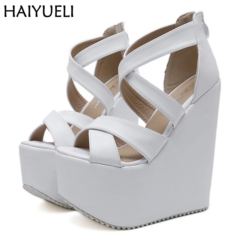 Женские туфли на танкетке 17 см высокий каблук платформе с перекрестными