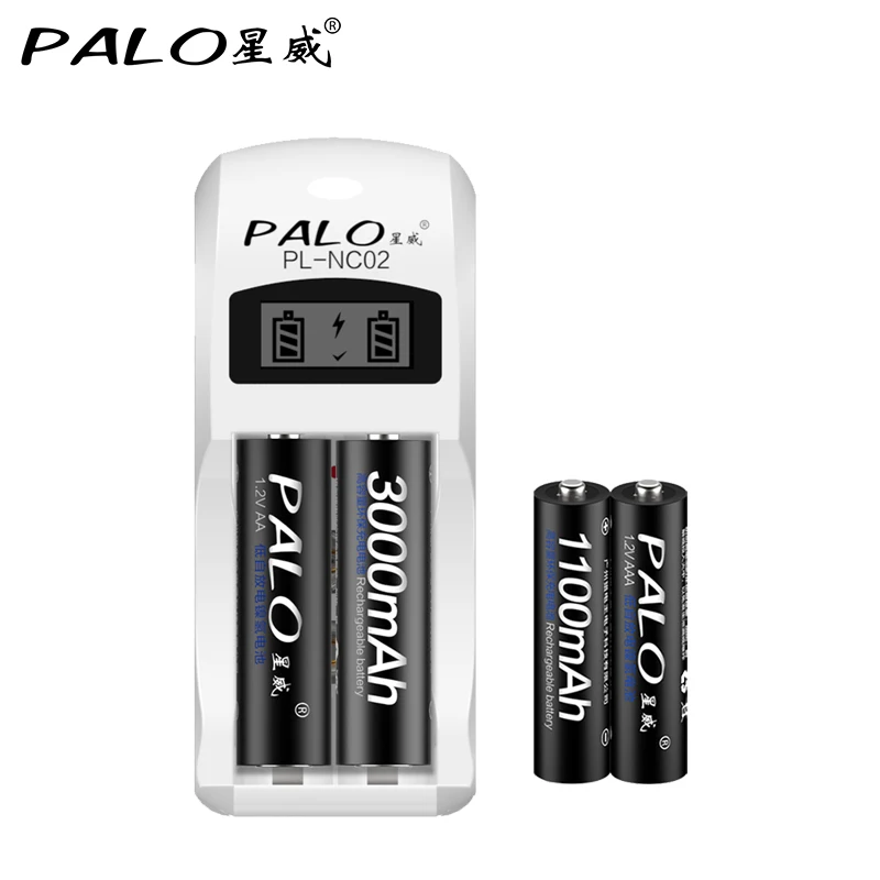 PALO 2 шт. AAA батареи и AA аккумуляторная батарея + LCD смарт зарядное устройство для 1.2В