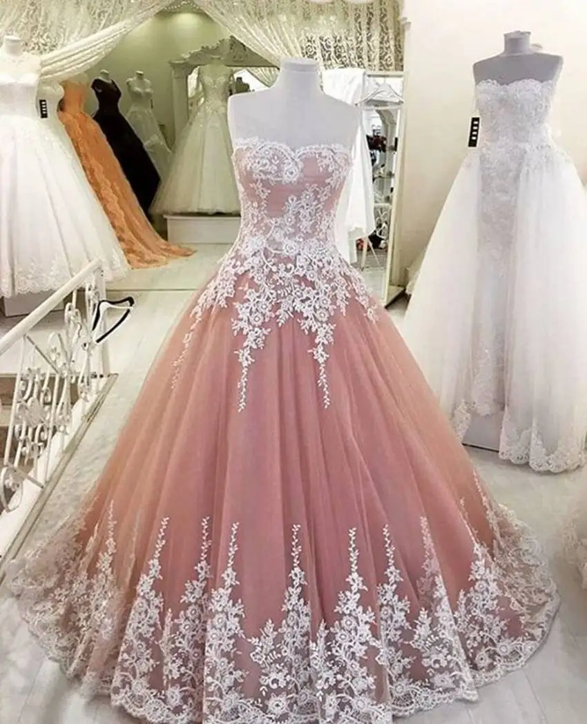 2017 Princess Blush Wedding Dresses Lace Appliques Sweetheart Backless Bridal Gown Vestido De Noiva Custom Made Tulle | Свадьбы и
