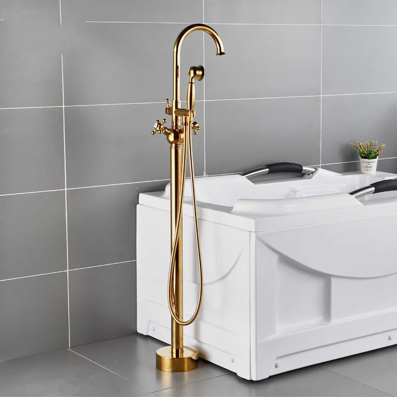 

Bathroom Bathtub Faucet + Handheld Shower Free Standing Gold BathTub Mixer Taps Floor Mounted