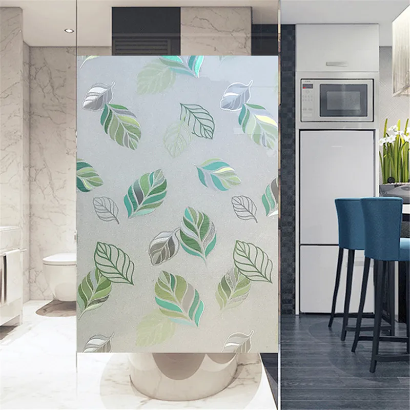 Шириной 45/60/90 см без клея матовое покрытие ветрового стекла пленки витражи Водонепроницаемый статического цепляться Стекло Фольга окна Стикеры зеленый лист из ПВХ