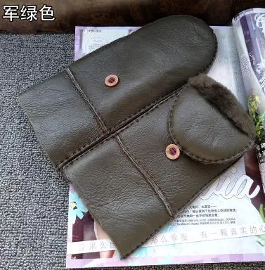 army green Женские осенне-зимние Утепленные перчатки с шерстяной подкладкой, женские цельные перчатки из натуральной овчины, кожаные меховые перчатки для вождения R586 - Цвет: army green