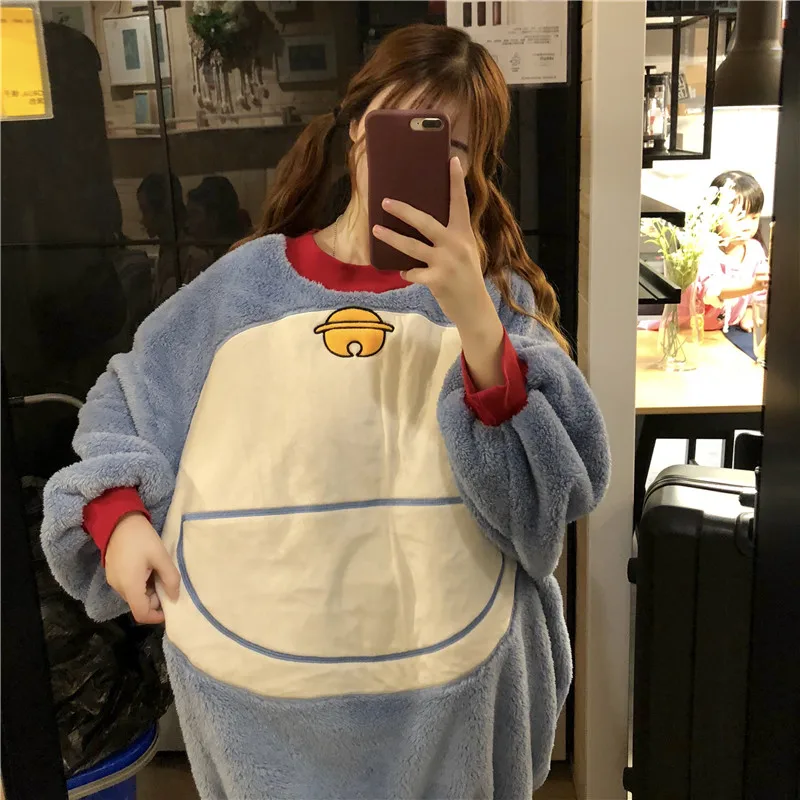 Kawaii autumn winter 2018 ulzzang Korea Women's Clothing cartoon cat Harajuku oversize Nightdress flannel long sleeve dresses | Женская