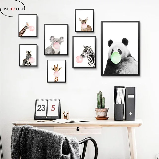 Nordic Cute Animals Zebra Giraffe Panda Canvas Painting Cartoon Bubbles Balloon Print Poster Art For Child Room | Дом и сад