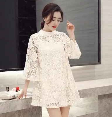 white Лето Женская Кружева Холлоу Свободные Dress Casual Sweet Шеи O Пуловеры Three Четверти Рукав Две штуки Дамы Белый Черный Платья - Цвет: white