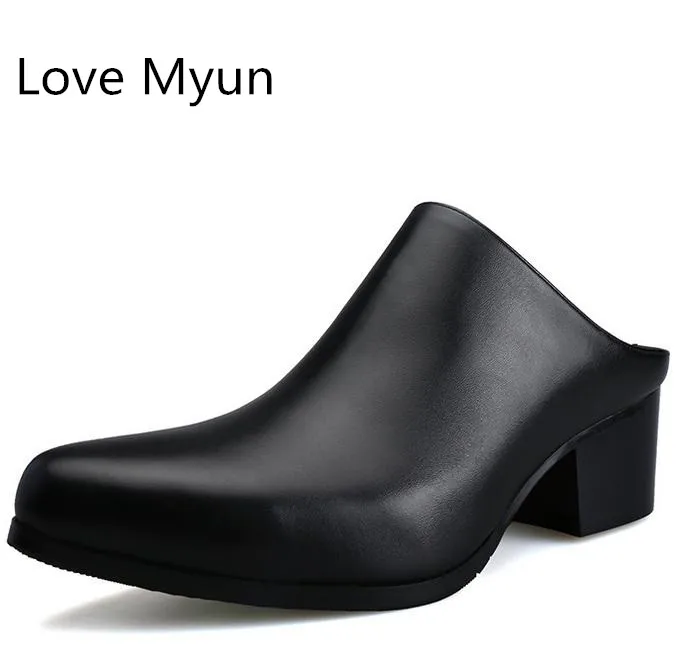 Новинка мужские слиперы из натуральной кожи с острым носком на высоком каблуке 5