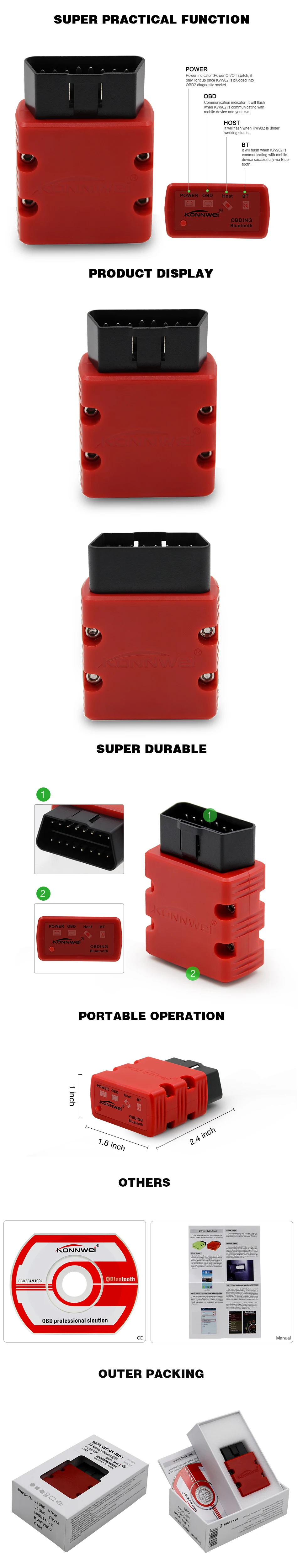 Инструмент для сканирования pro obd2 KONNWEI KW902 V1.5 Bluetooth OBDII OBD2 считыватель кодов ELM 327 Диагностический инструмент работает на Android PC