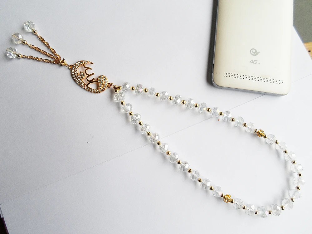 Эластичный браслет с белым кристаллом мусульманский подвеской покрытый золотом