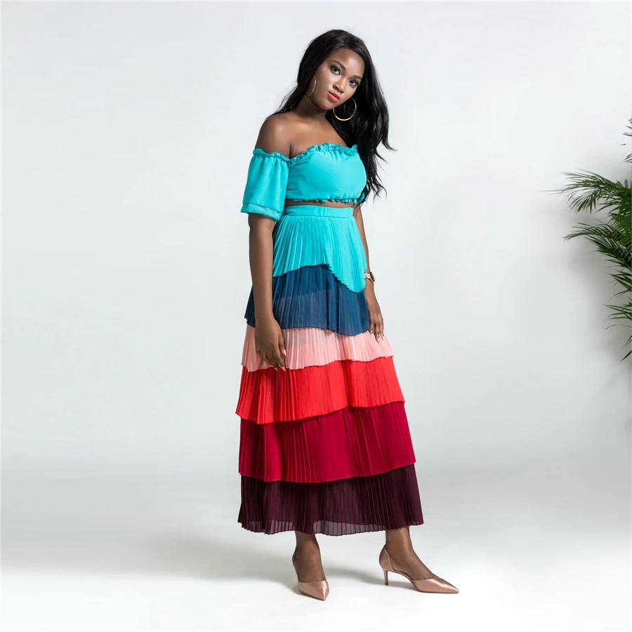 GuyuEra New European and American Women's African Rainbow Skirt With Wrapped Chest Top Large Swing Dress Set L-XXL