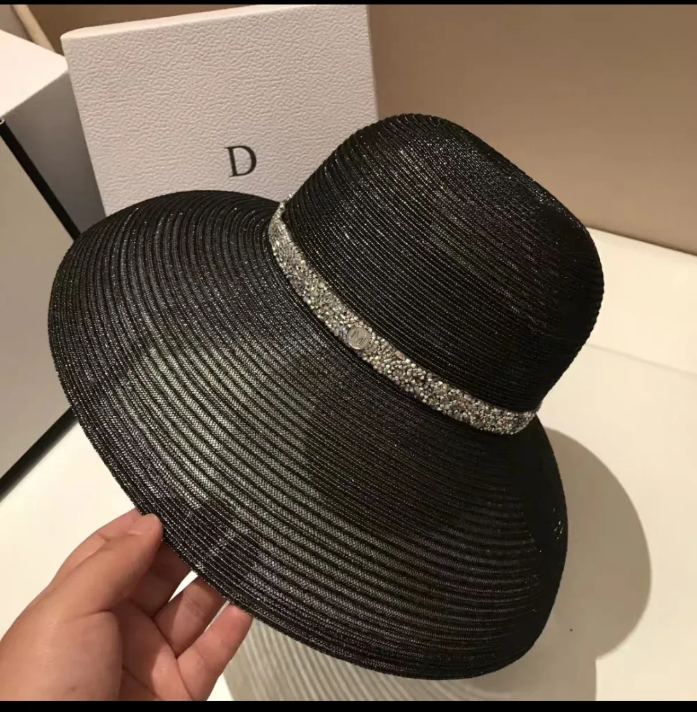 Summer Elegant Wide Brim Beach Hat Hepburn Style Rhinestone Belt Sun Hats Female Foldable UV Protection Sun Visor Caps