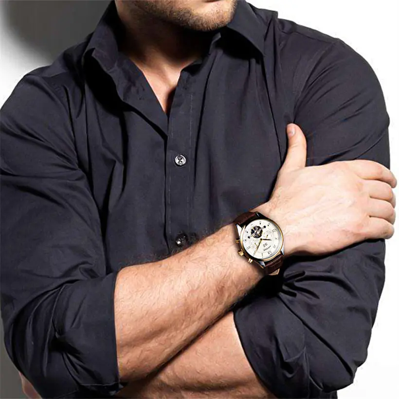 

BINSSAW Fashion Luxury Brand Leather Tourbillon Watch Automatic Men Wristwatch Mechanical Steel Watches Relogio Masculino