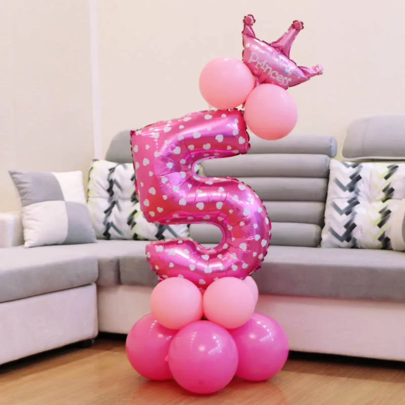 1set Blue Pink Foil Number Balloon Air Ballons Baloons Crown Anniversary Baby Shower Kids Happy Birthday Boy Girl | Дом и сад