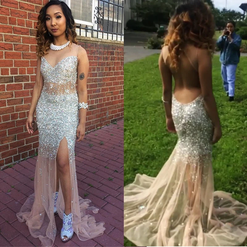 Glamorous Crystal Beading Prom Gowns Front Split Backless Evening Gown Mermaid Floor Length Fashion Party Dresses Custom Made | Женская
