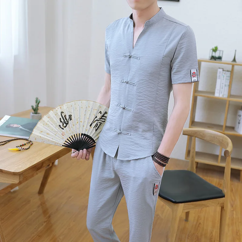 grey 3416, китайский стиль, хлопок, лен, два предмета, набор, топ и штаны, мужские, стоячий воротник, Ретро стиль, тонкая, короткий рукав, футболка и штаны, 4XL - Цвет: grey