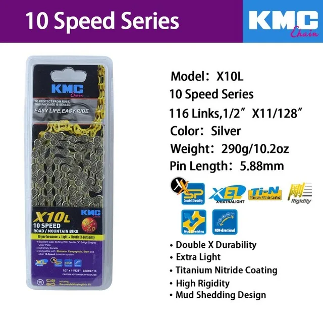 Цепь KMC X8 X9 X10 X10 EPT X9L X10L X11LBike 9S 10S 11S Gold для MTB/шоссейного велосипеда fo Shimano/SRAM 8 9 10 11 speed 116L/цепной велосипед - Цвет: X10LSILVER