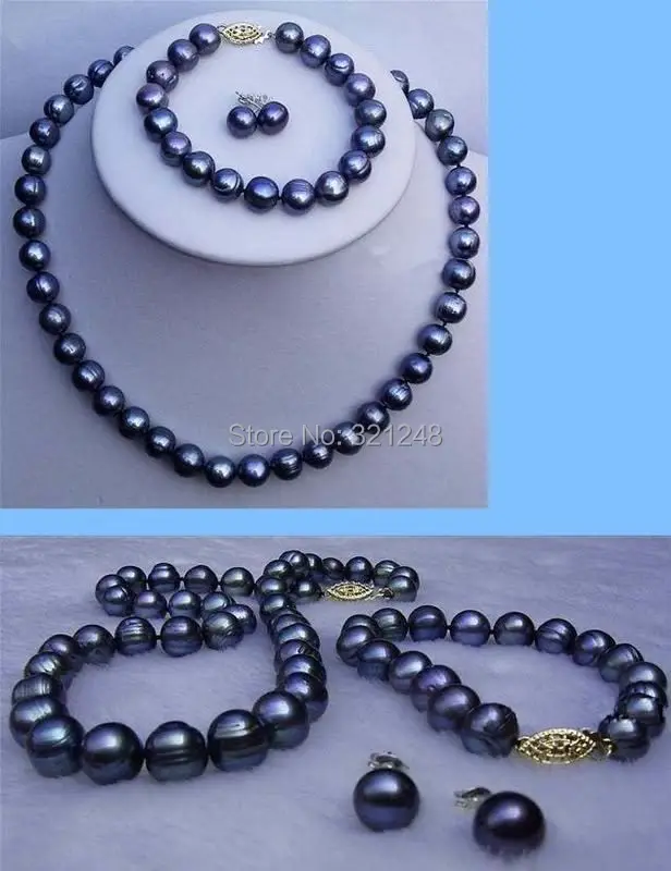 

pretty 2014 charming free shipping 8-9mm black pearl necklace&bracelet&earring sets BV466