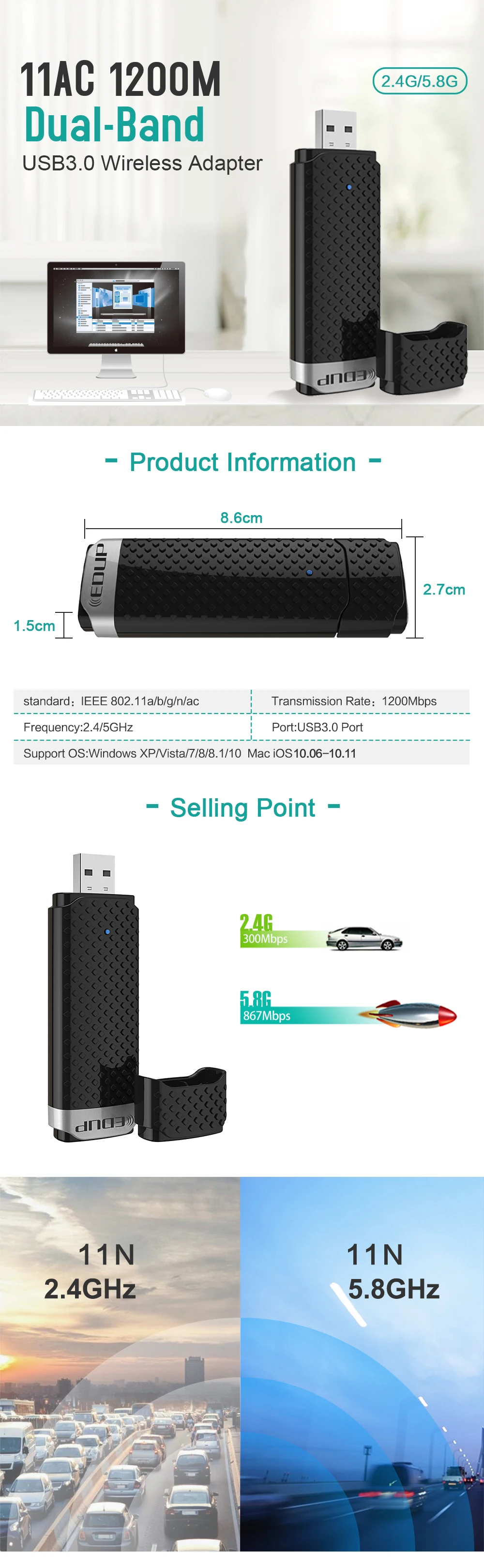 EDUP 5ghz USB Wireless wifi adapter high speed 1200mbps wifi receiver 802.11ac Dual band usb 3.0 ethernet adapter