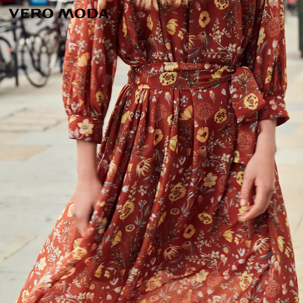 Vero Moda New Women's Low-cut Round Neckline Balloon 3/4 Sleeves Printed Chiffon Dress | 31837C515
