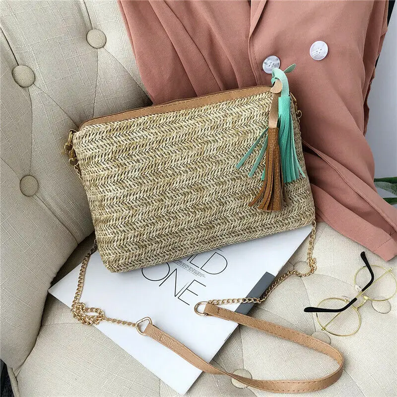 Large-capacity fashion straw bag women's handmade woven rattan leaf print tassel zipper shoulder beach | Багаж и сумки