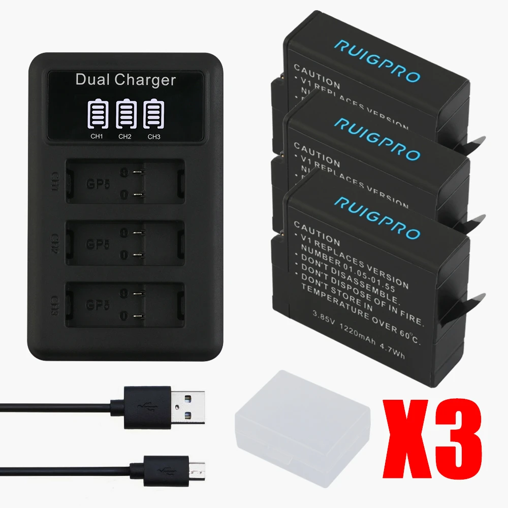 RP 3 шт. батареи для GoPro Hero 5 Gopro 6/7 камера батарея AHDBT-501+ 3 слота светодиодный USB зарядное устройство с портом type C
