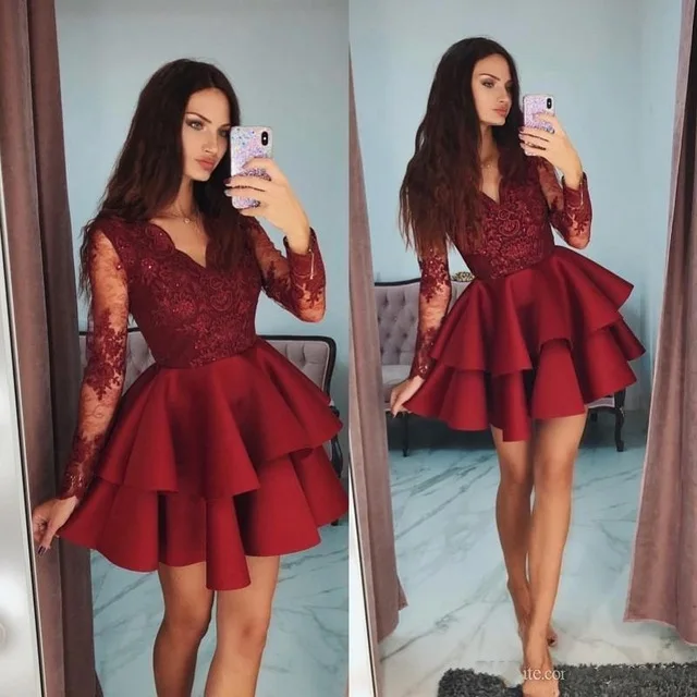 same as pic Бургундское коктейльное платье с длинными рукавами аппликация Выпускные платья на заказ Короткие многоярусные платья для выпускного вечера - Цвет: same as pic