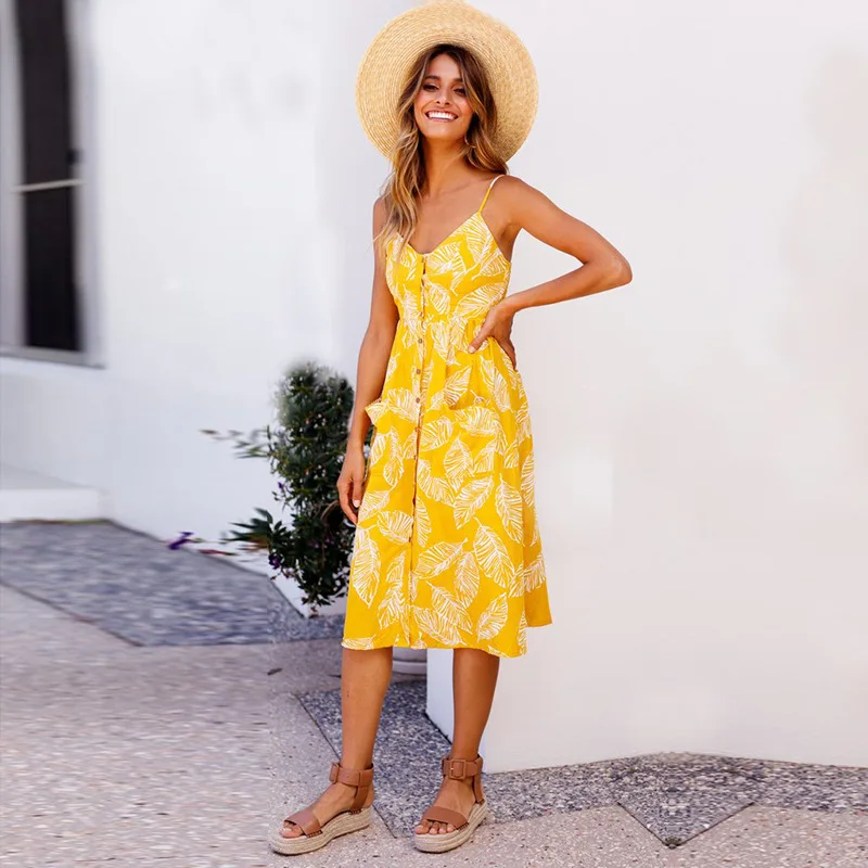 Women's Sexy Spaghetti Strap V-Neck Summer Floral Bohemian Button Decor Swing Midi Dress Beach Sundresses with Pockets | Женская