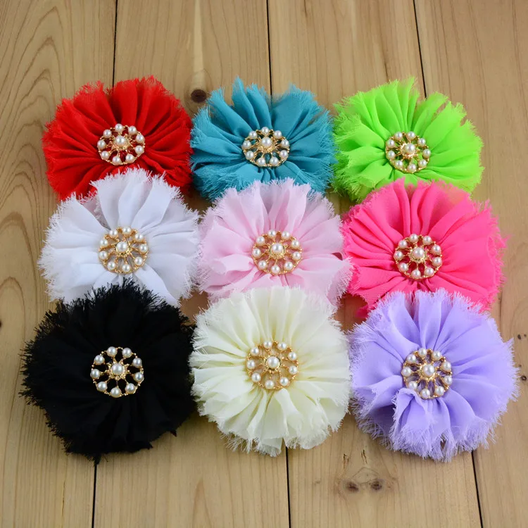 Лидер продаж потертый Шифоновый Цветок для волос 20 цветов с жемчужинами 30 шт./лот