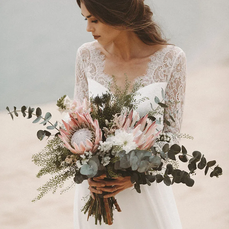 

Eightale Beach Wedding dresses 2019 With Long Sleeves V Neck A Line Lace bridal dresses Princess Chiffon Boho Wedding Gown