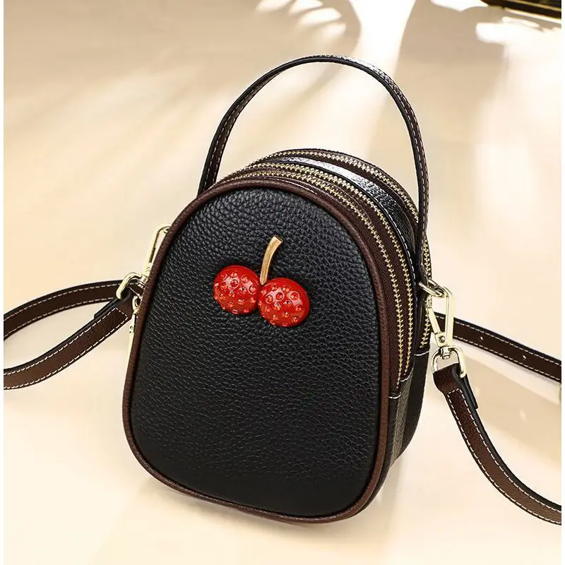 

WOONAM Women Fashion Designer Handbag Top Hide Genuine Calf Leather Triple Zip Cherry Charm Satchel Cross Body Bag WB956