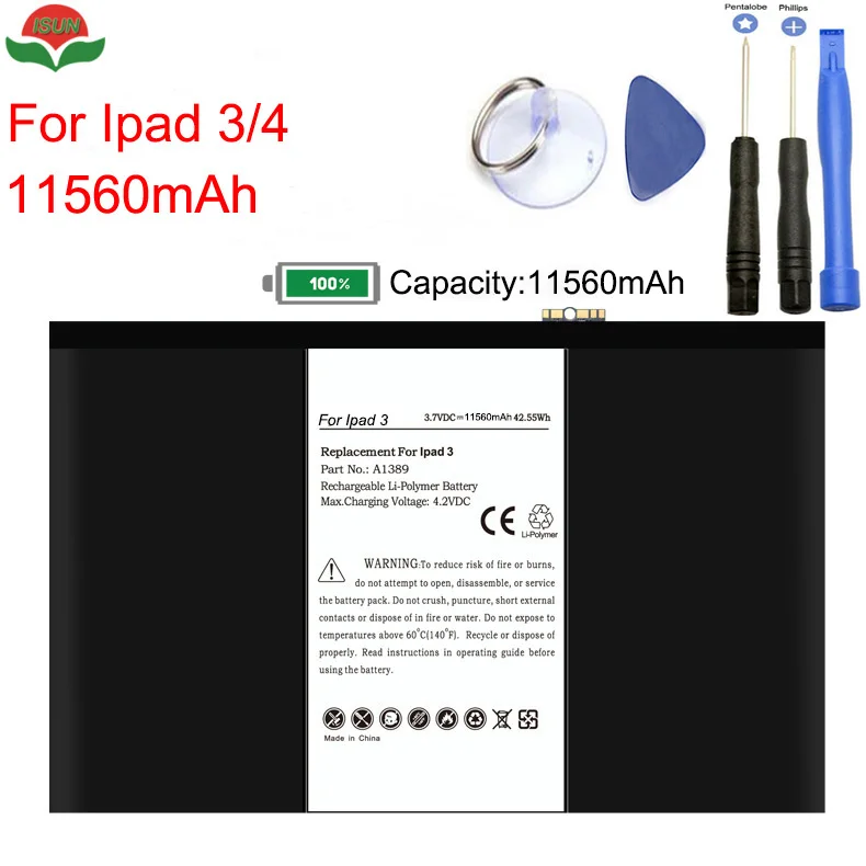 ISUN 3 7 V 11560mAh оригинальный качественный аккумулятор A1389 для iPad ipad 4 3RD A1403 A1416 A1430|battery