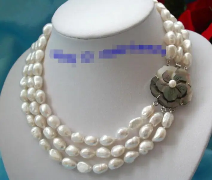 

stunning 3row 10*13 mm baroque white freshwater pearls necklace