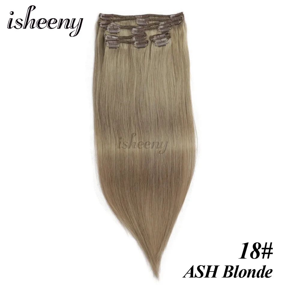 #18 Isheeny Remy(Реми), накладные волосы для наращивания 8 шт./компл. бесшовные натуральные человеческие волосы для наращивания на заколках, на всю голову, бразильский Однотонная одежда волосы на заколках - Цвет: #18